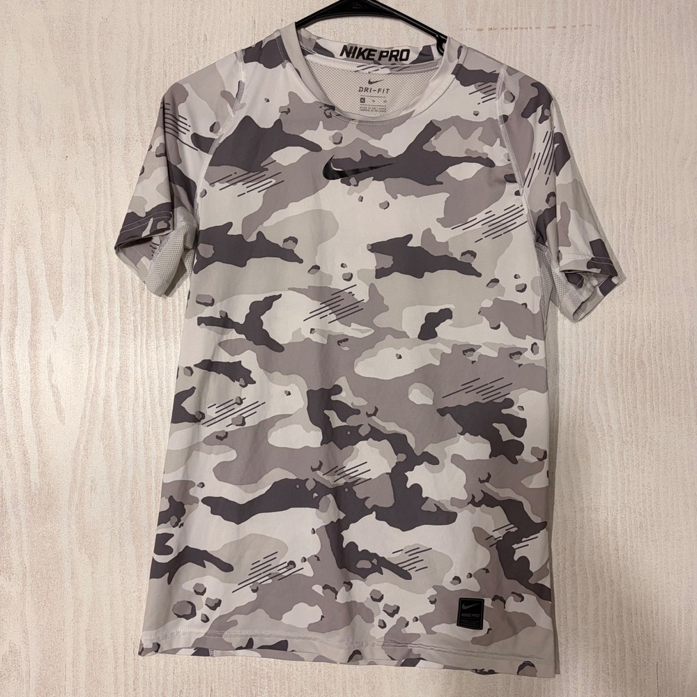 Nike Pro Dri-FIT Shirt Womens  XL Grey Camo Compression Training Top CU4989-084